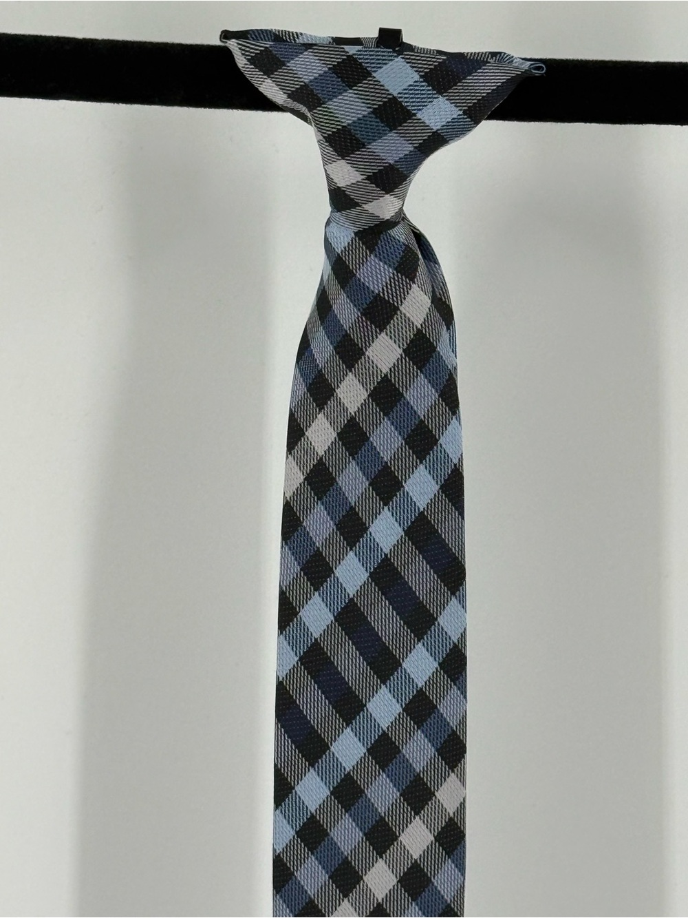 Boys Plaid Neck clip on neck Tie in Light Blue, Black & Gray